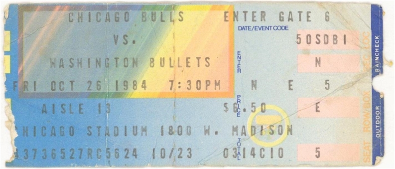 1984 Michael Jordan NBA Debut Ticket Stub from October 26, 1984 Chicago Bulls vs Washington Bullets 